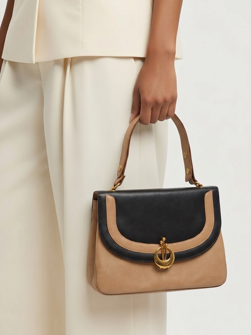 Vintage Black and Tan Structured Top-Handle Satchel - Picture 2 of 16